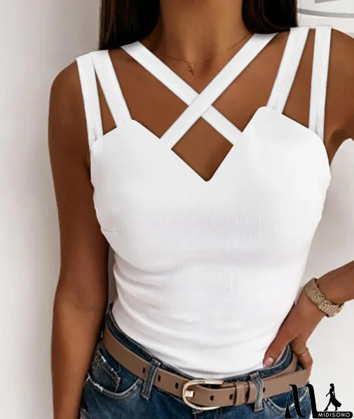 MidiSono - Elegant Women's Solid Color Cross Slim Shirt Top