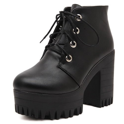 Gdgydh Brand Designers 2021 New Spring Autumn Women Shoes Black High Heels Boots Lacing Platform Ankle Boots Chunky Heel Leather