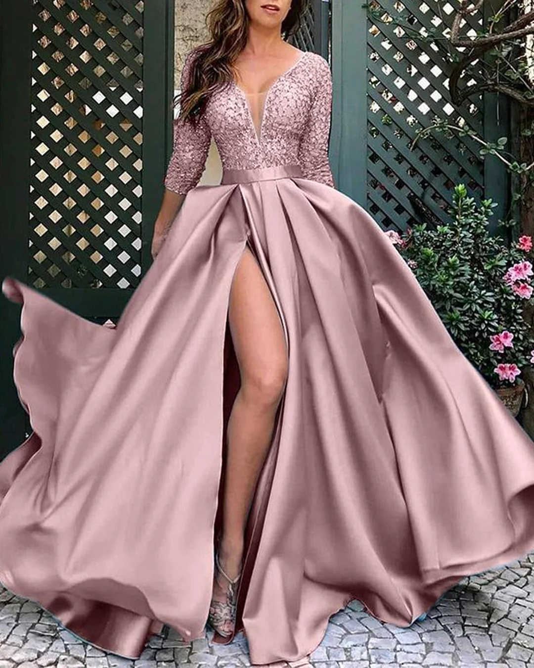 Sexy Solid Color V-neck Slit Dress