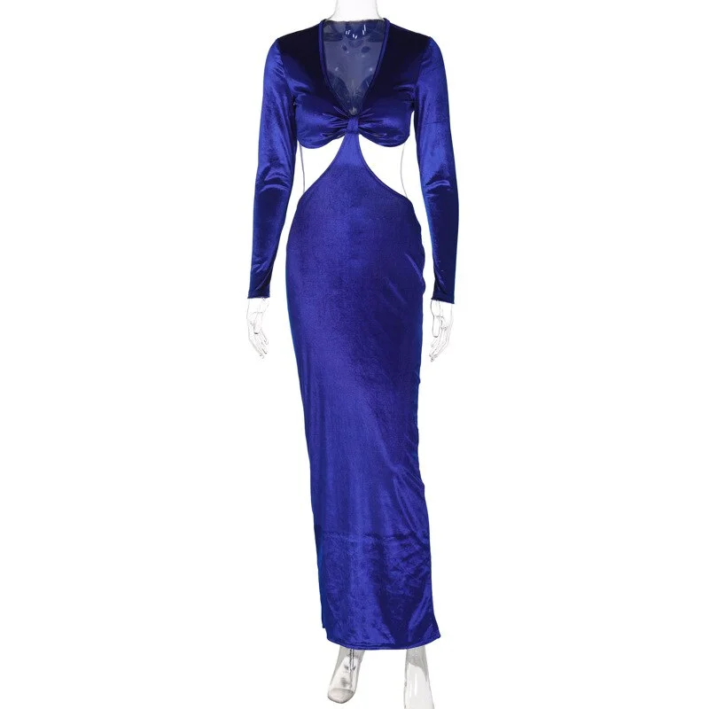 High Quality Velvet V Neck Long Sleeve Hollow Out Midi Dress 2023 Fall Bodycon Evening Party Elegant