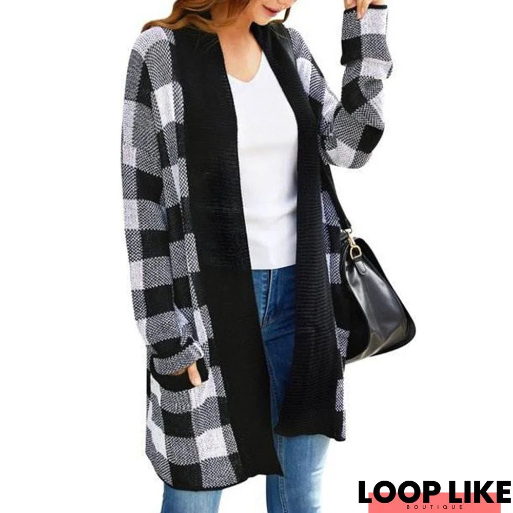 Women's Plaid Knitted Cardigan Loose Solid Color Plus Size Knitwear Coat Sweater