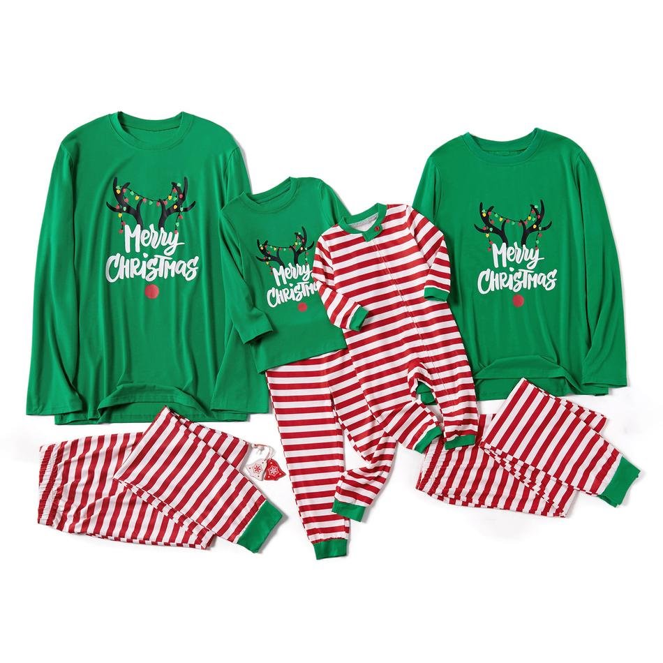Family Matching Merry Christmas Antler Print Striped Pajamas Sets