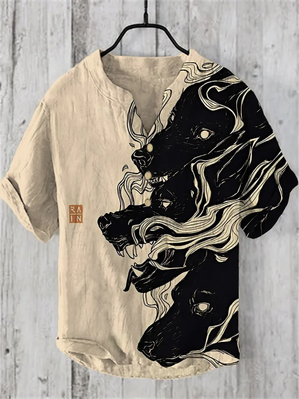 Men's Wolf Art Painting Graphic Print Retro Half Button Linen Blend Shirt
