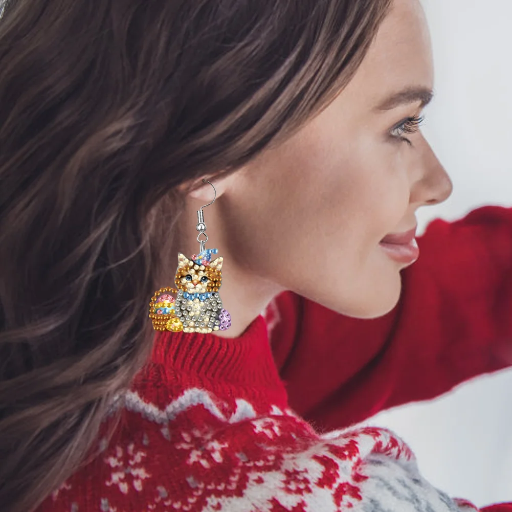 4 Pairs Cat Dog Double Sided Diamond Painting Earrings DIY Earrings Making Kit