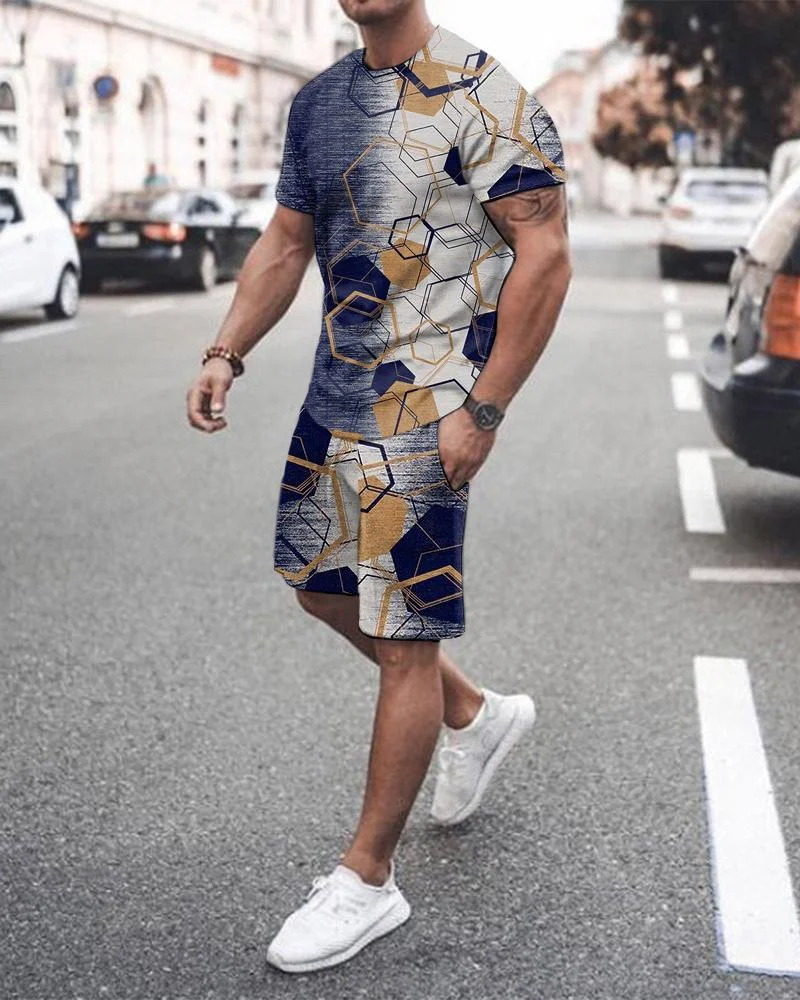 Men's Sports Blue-gray Abstract Printed Shorts Suit