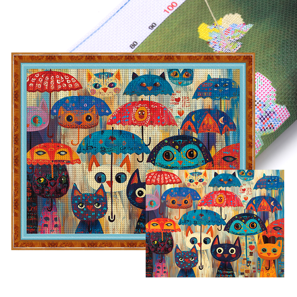 Cat With Umbrella Full 11CT Pre-stamped Canvas(60*50cm) Cross Stitch