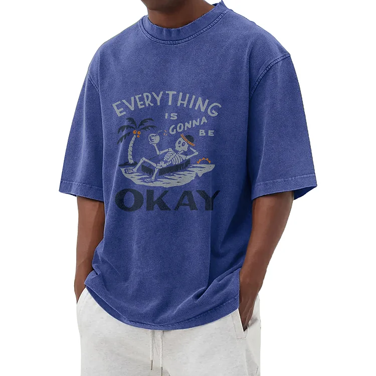 Fun skull pattern washed T-shirt 015