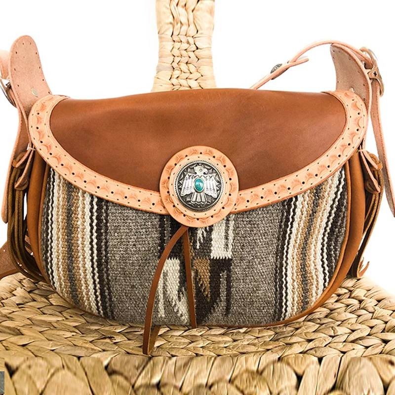 Retro Indian Blanket Splicing 35mm Large Five-star Silver Buckle Canvas Backpack
