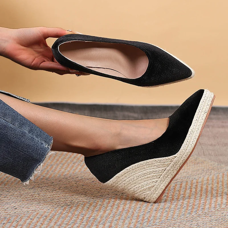 Wongn Wongn Thick Platform High Heel Pointed Shallow Single Shoes Female Grass Hemp Rope Bottom
