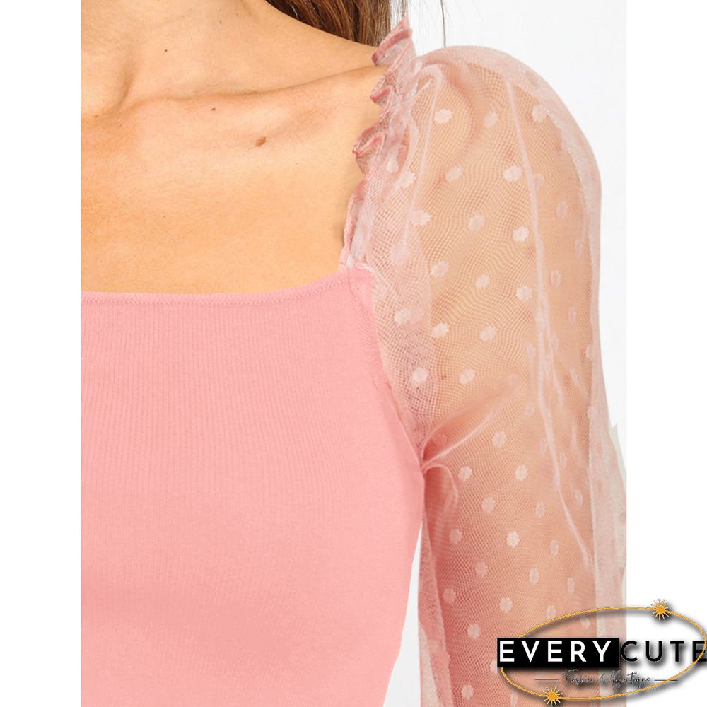 Pink Slim Fit Ribbed Splicing Lace Long Sleeve Tops