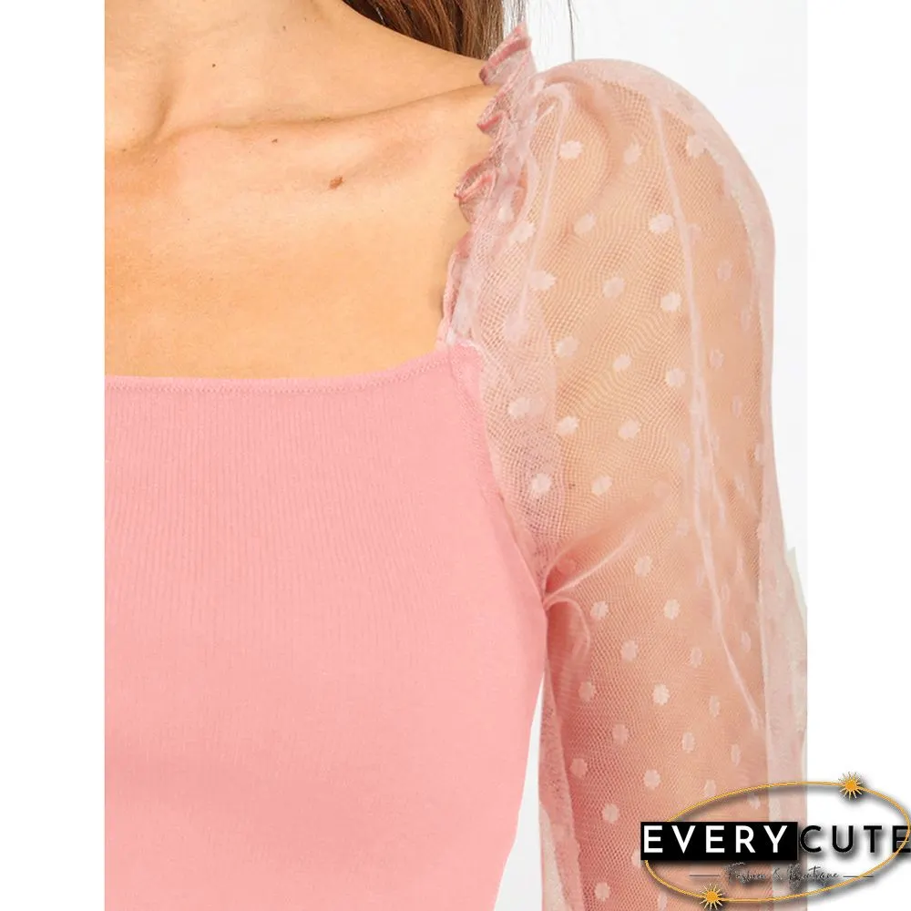Pink Slim Fit Ribbed Splicing Lace Long Sleeve Tops