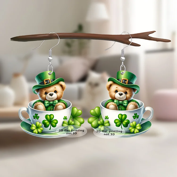 St. Patrick's Clover Bear Cup Earrings