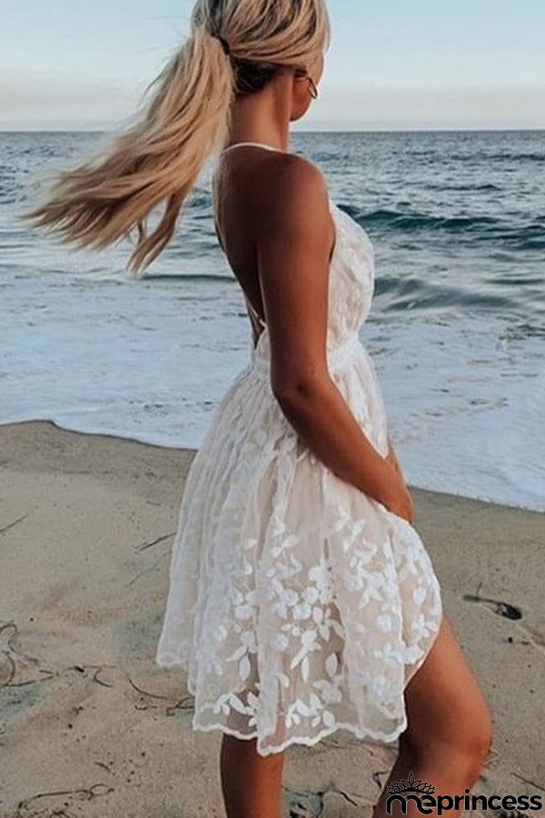 Lace Trim V-Neck Backless Dress