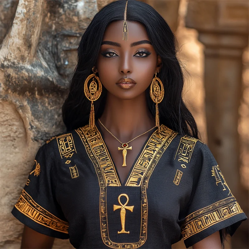 Ankh Ancient Egyptian Golden Embroidered Linen Tunic