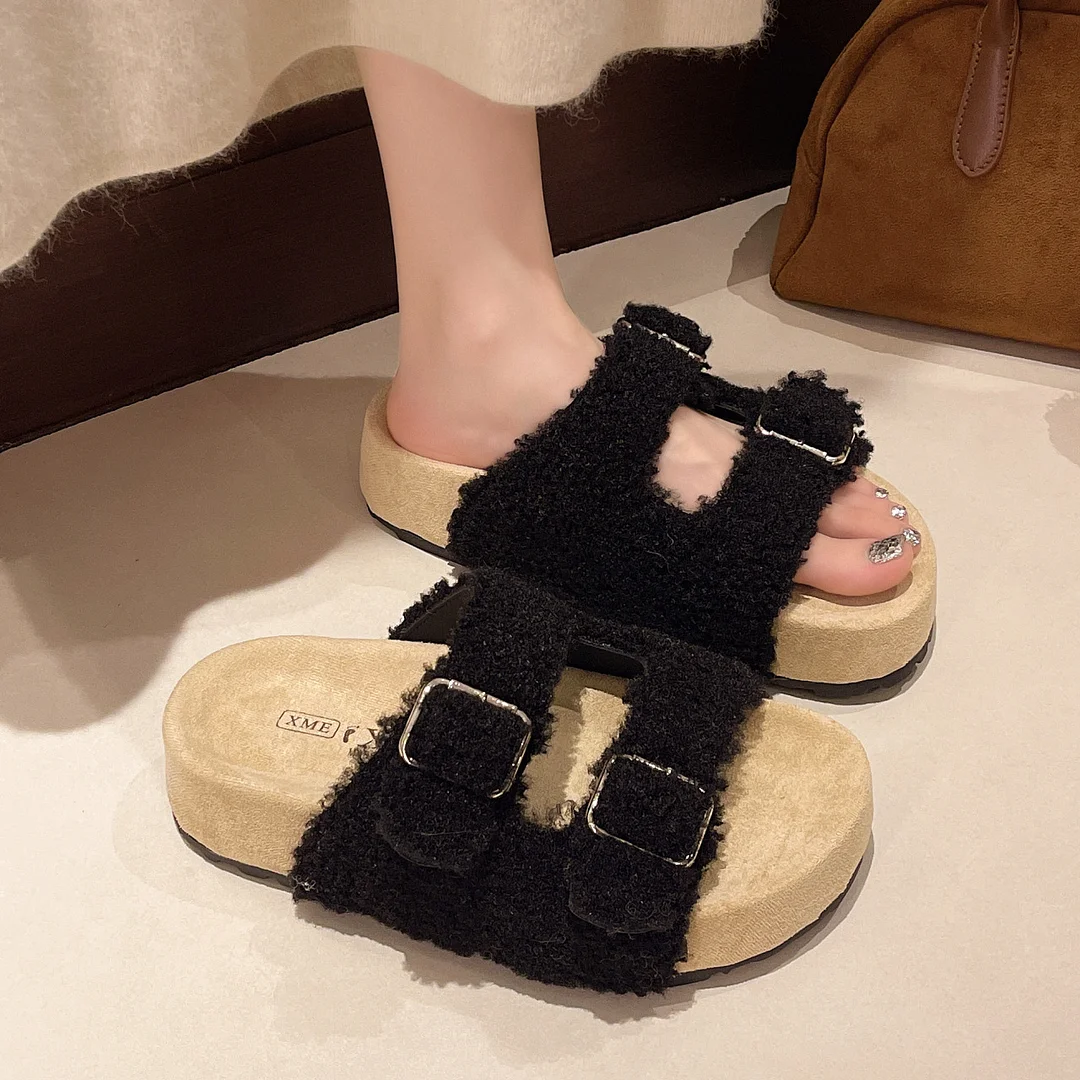 Yyvonne New Lamb Hairy Shoes Double Buckle Buckle Buckle Shoes Thick-Skin Pine Cake Word Sandals To Wear Slippers Women's Shoes