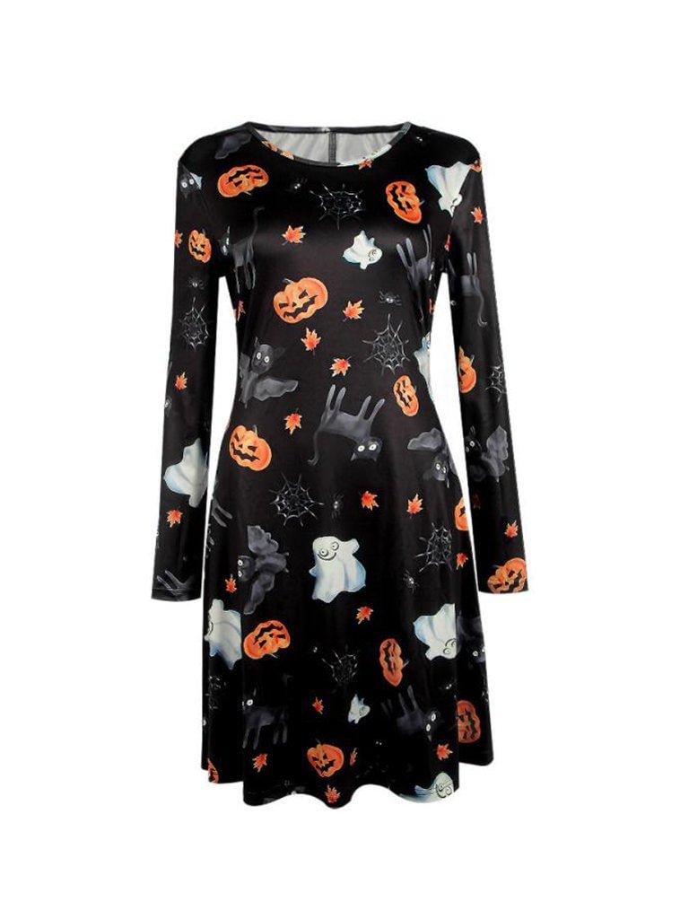 Halloween Costume Printed Long Sleeve Swing Mini Dress