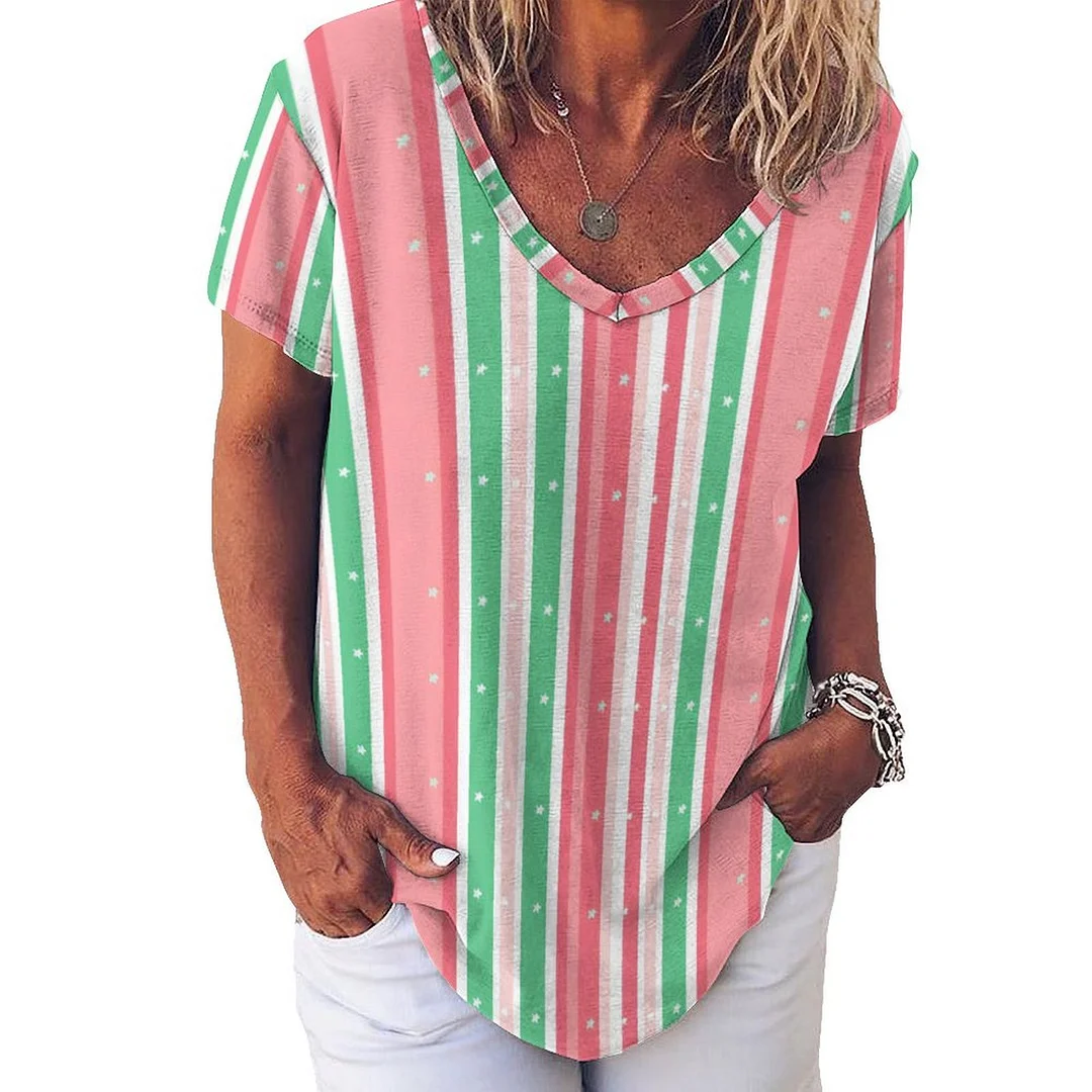 V-neck Short Sleeve Casual T-shirt for  Women Printed with Pattern Striped, Pink, Green