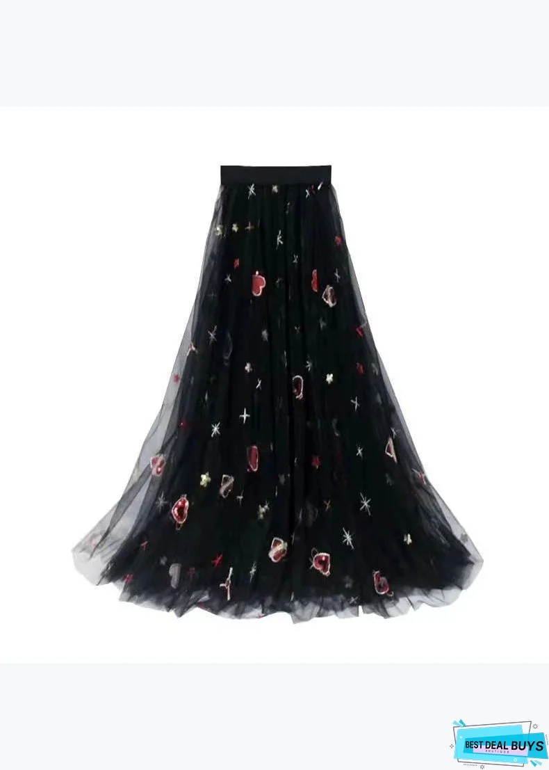 Plus Size Black Print High Waist Exra Large Hem Tulle Skirts Spring