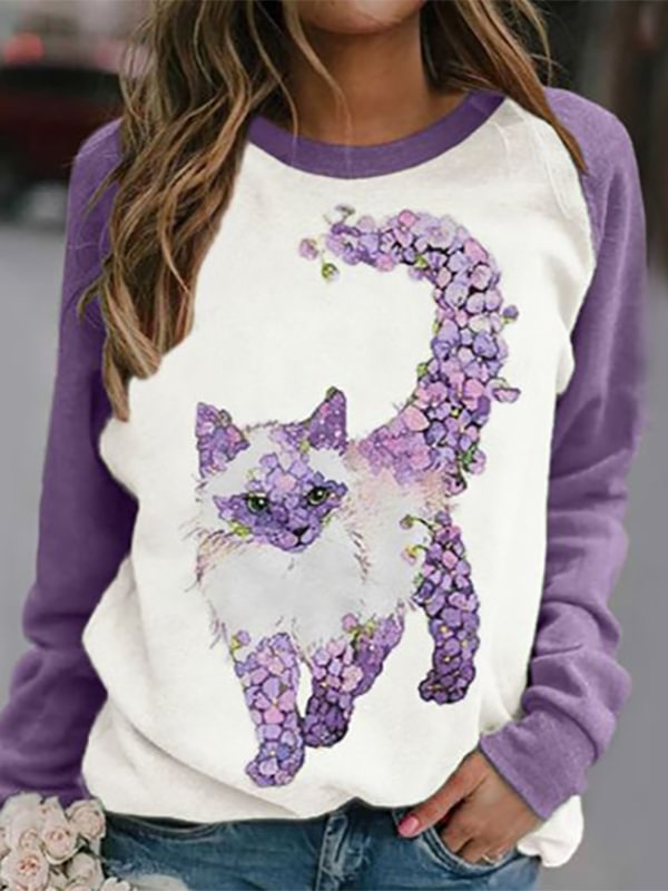 Ladies Elegant Purple Cat Print Casual Sweatshirt