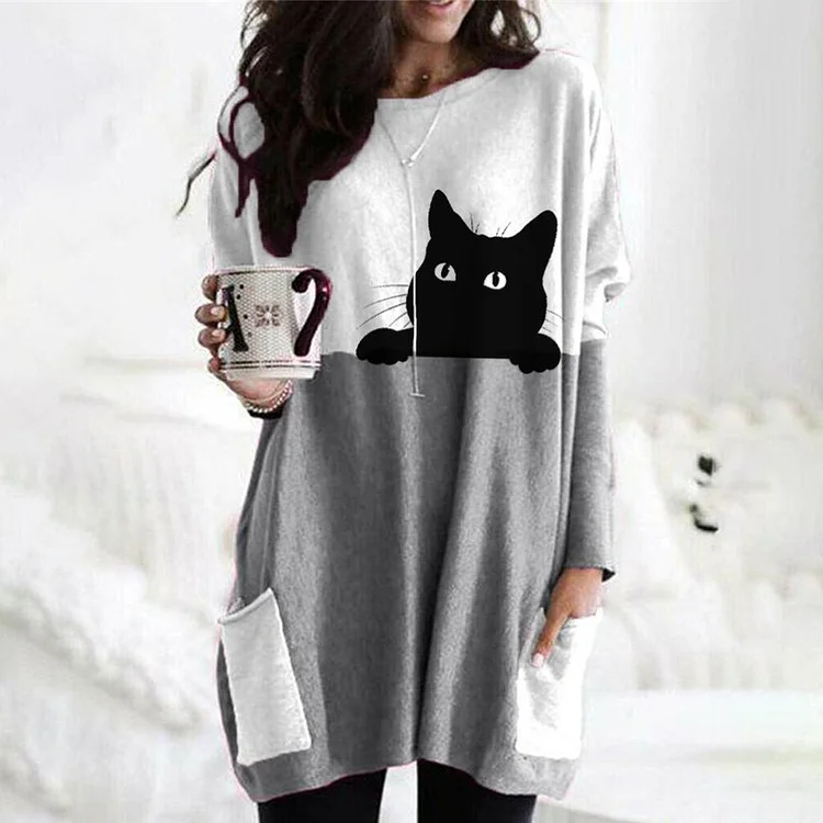 Cat Print Casual Crewneck Pocket Tunic