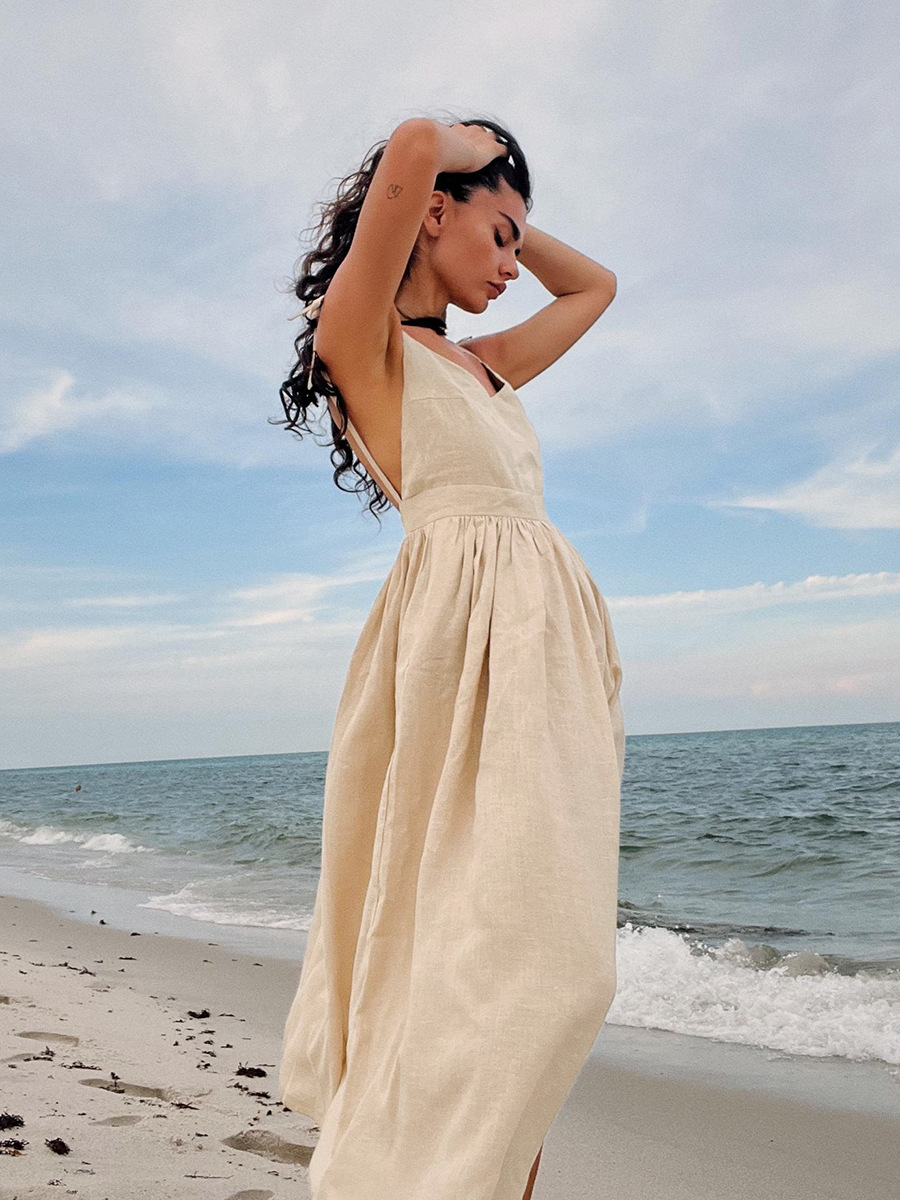 Ootddress Lace-Up Backless Elegant Long Dress Female High Waist Solid Fashion Halter Dresses Holiday Beach Slim Bandage Maxi Dress