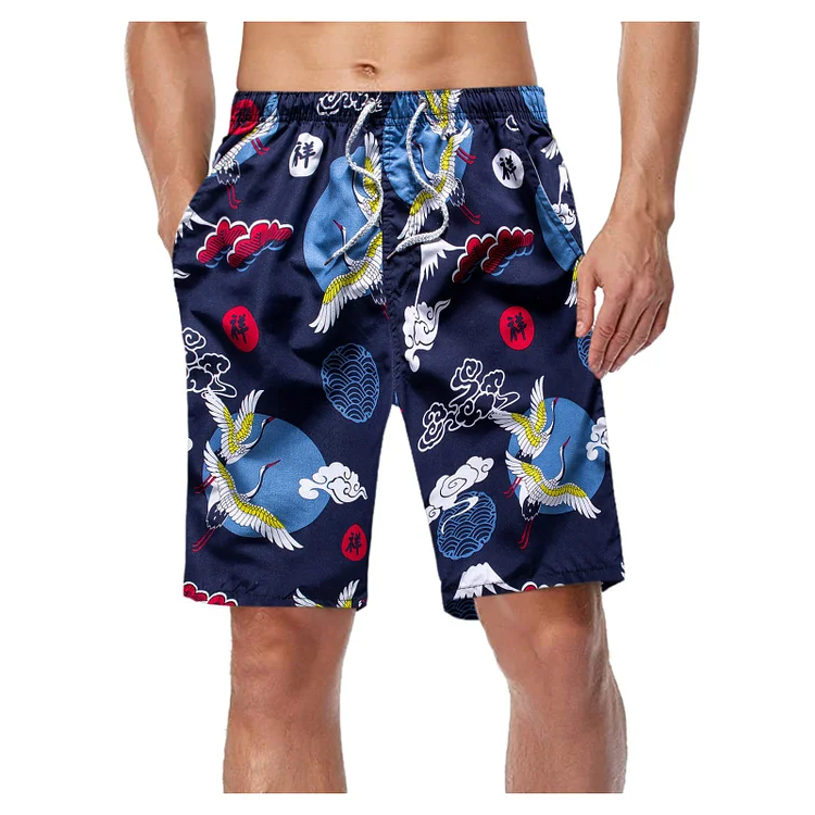 Qibutech Male Summer Board Shorts  Fully Printed Tie Pocket Cool Breathable Mens Swim Trunks Straight Long Elastic Waist Wide Leg