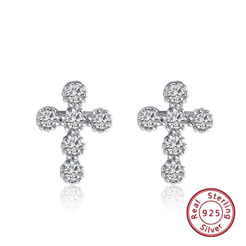 1 Pair 925 Sterling Silver Zircon Cross Ear Studs