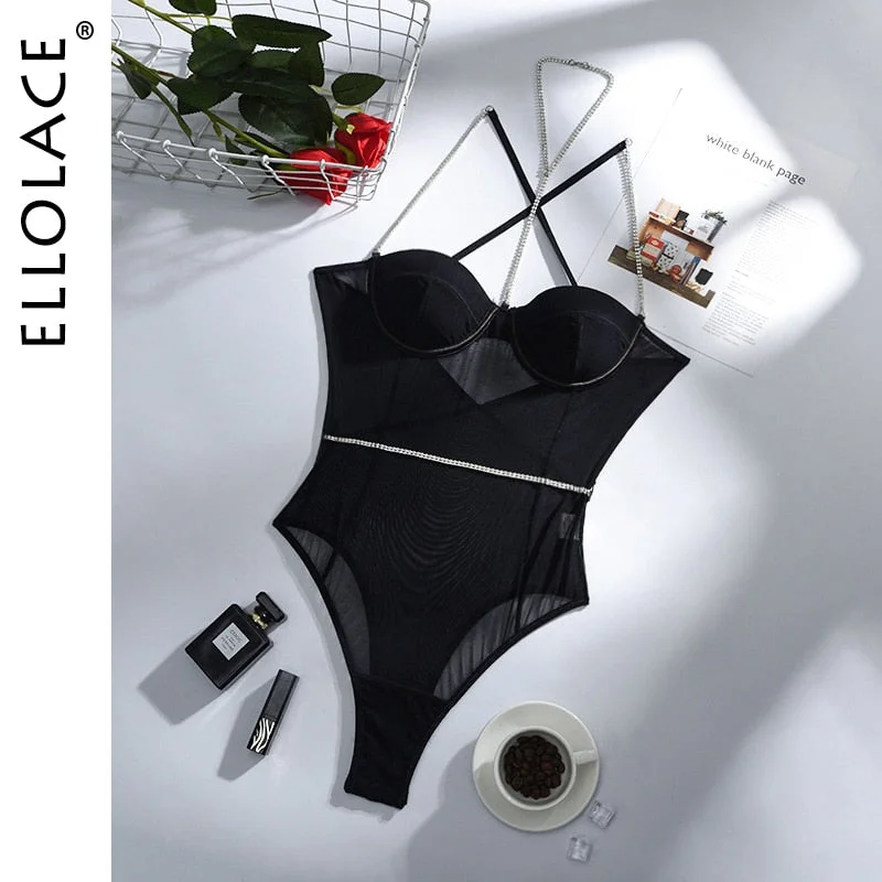 Ellolace Rhinestone Sexy Lingerie Bodysuit Women Lace Sleeveless Bodies Underwire Push up Bodycon High Cut Body Backless Top