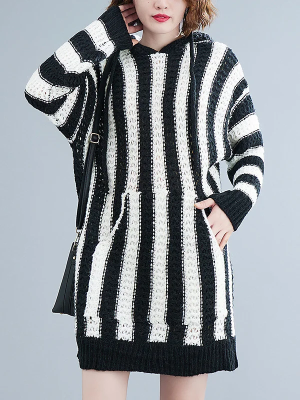 Loose Striped Hooded Knitted Mini Dress - yankia