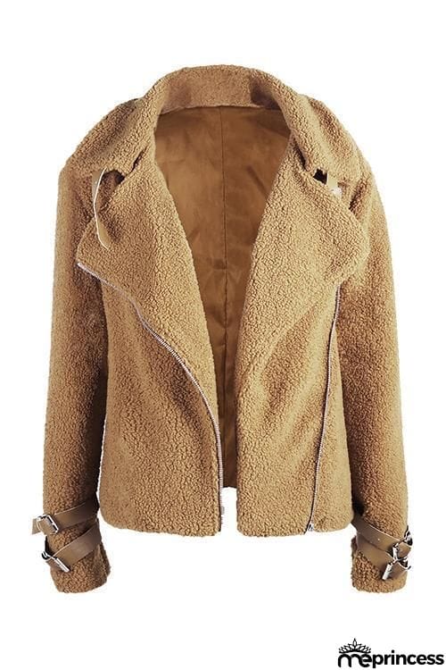 Buckle Fuzzy Zipper Coat