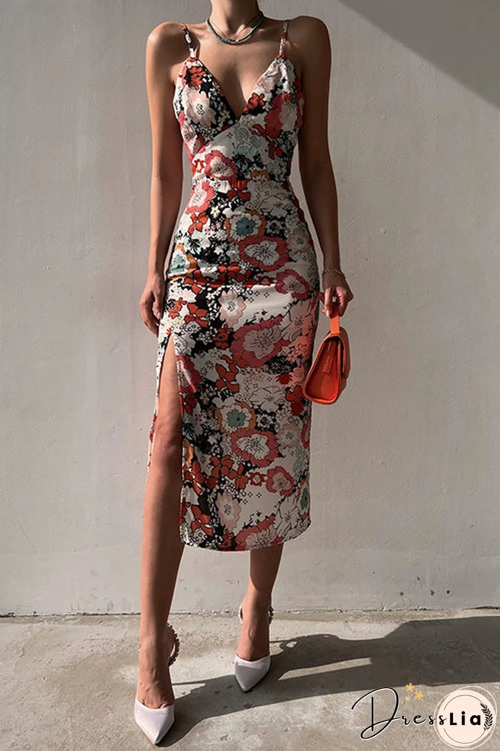 Floral Lace Back Slip Slit Slim Dress