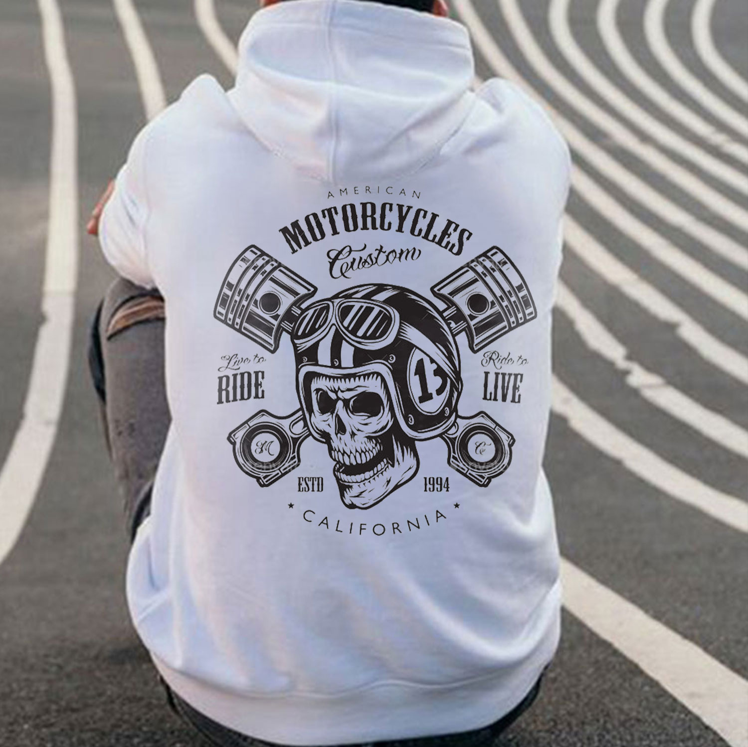 Modern Motorcycles Ride to Live White and Black Print Hoodie