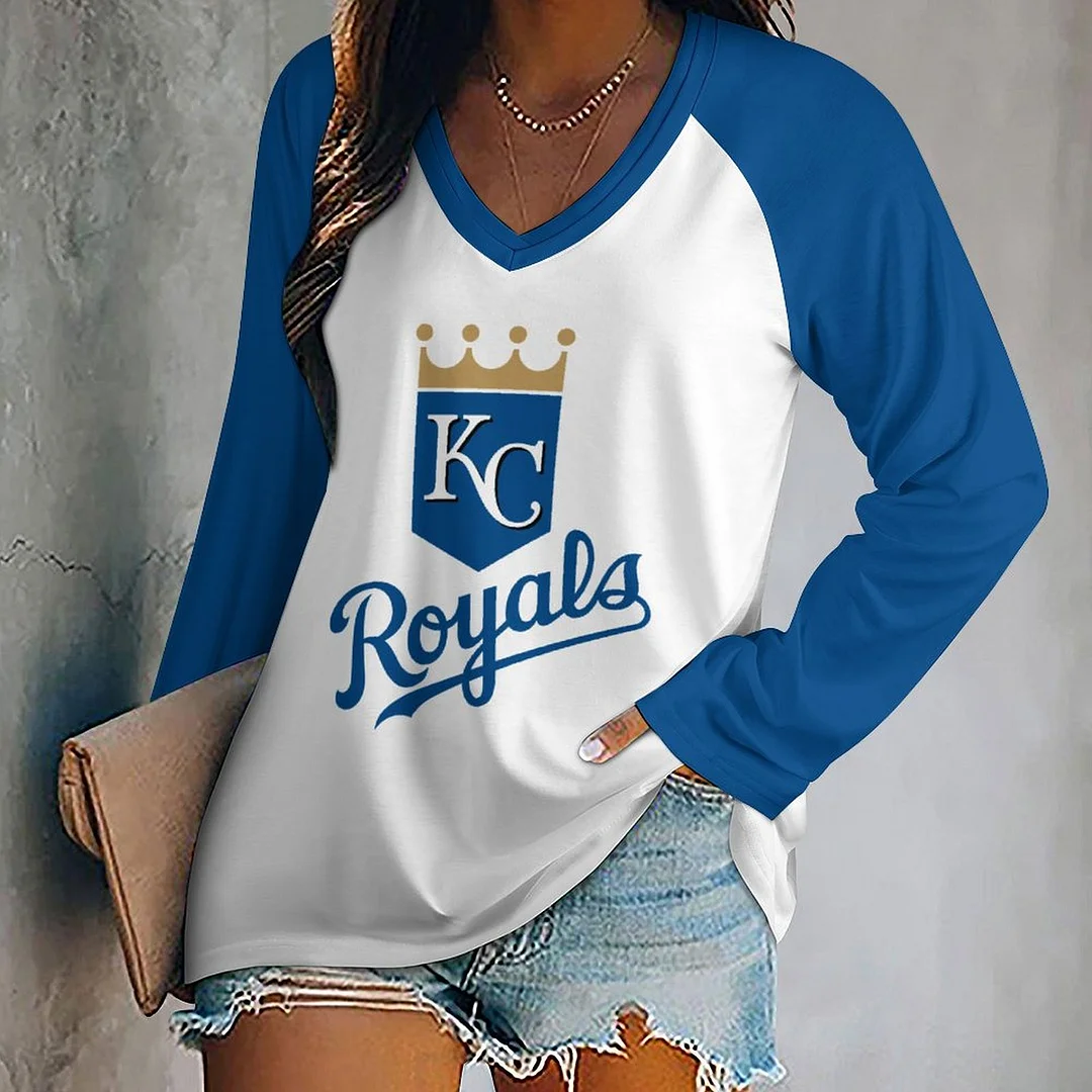 V-neck Long Sleeve Casual T-shirt for  Women and Men Printed with Pattern,Blue,Light Blue,Gold,White