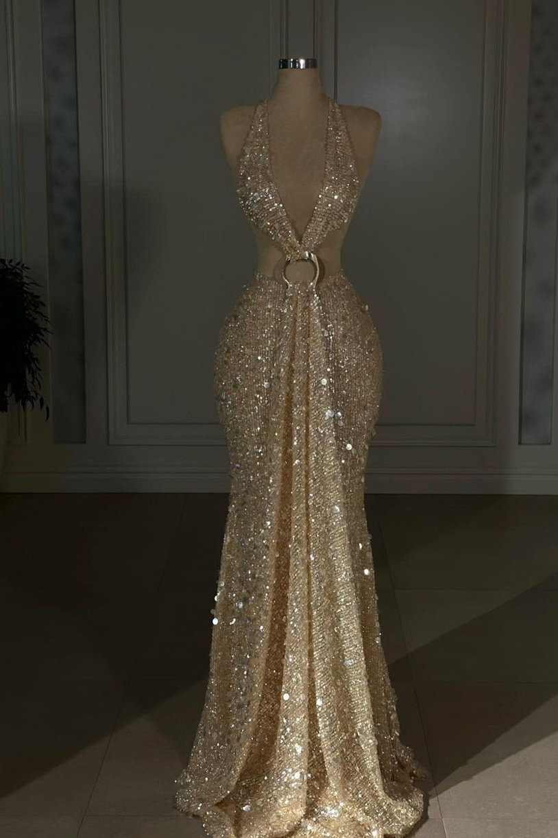 Lvs&Broner Halter Sleeveless Backless Long Mermaid Prom Dress With Sequins
