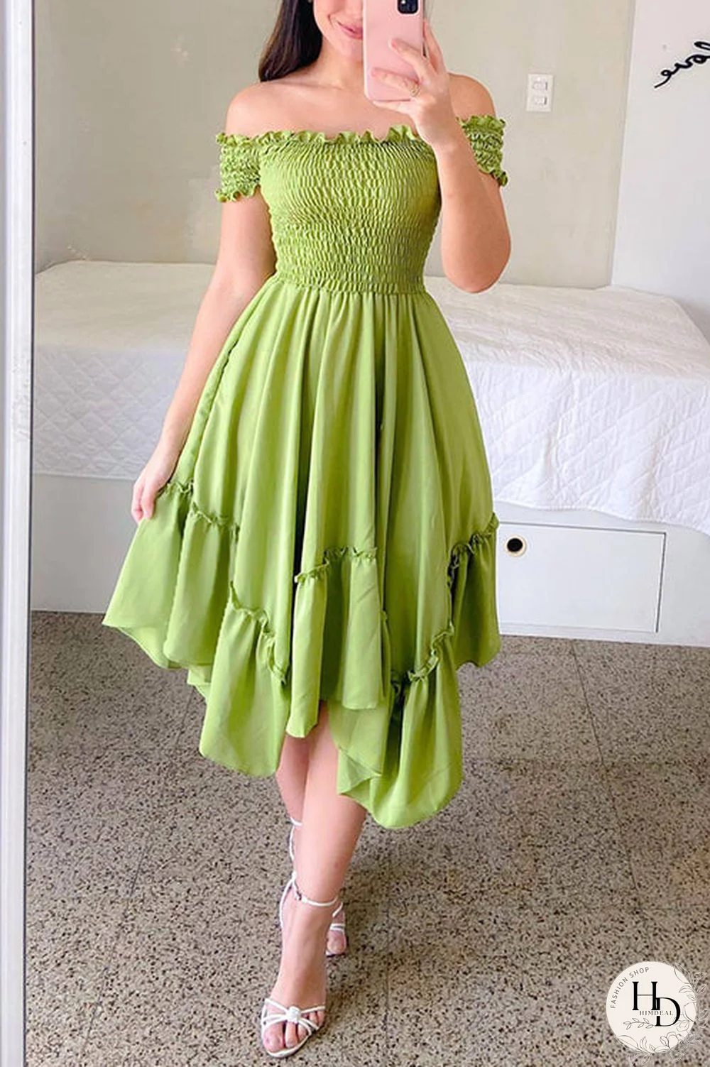 Shirred Bodice Off Shoulder Flap Asymmetric Dress