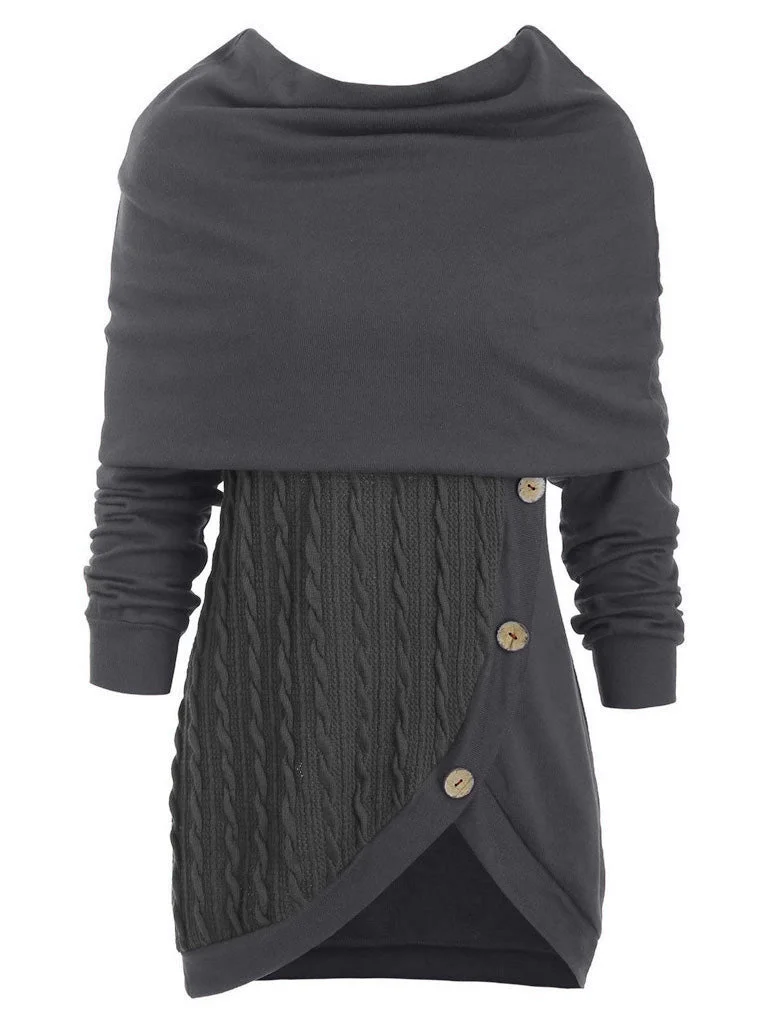 Women Long Sleeve Heap Collar Hooded Solid Stitching Irregular Sweater Top