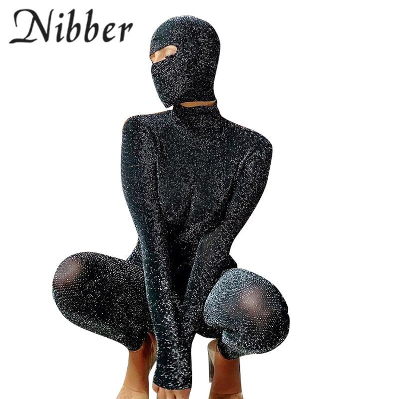 Nibber Glitter Silk Mask Playsuits 2Two Pieces Jumpsuits For Womens Sexy Backless Club Party Wear Long Sleeve One Piece Outfit