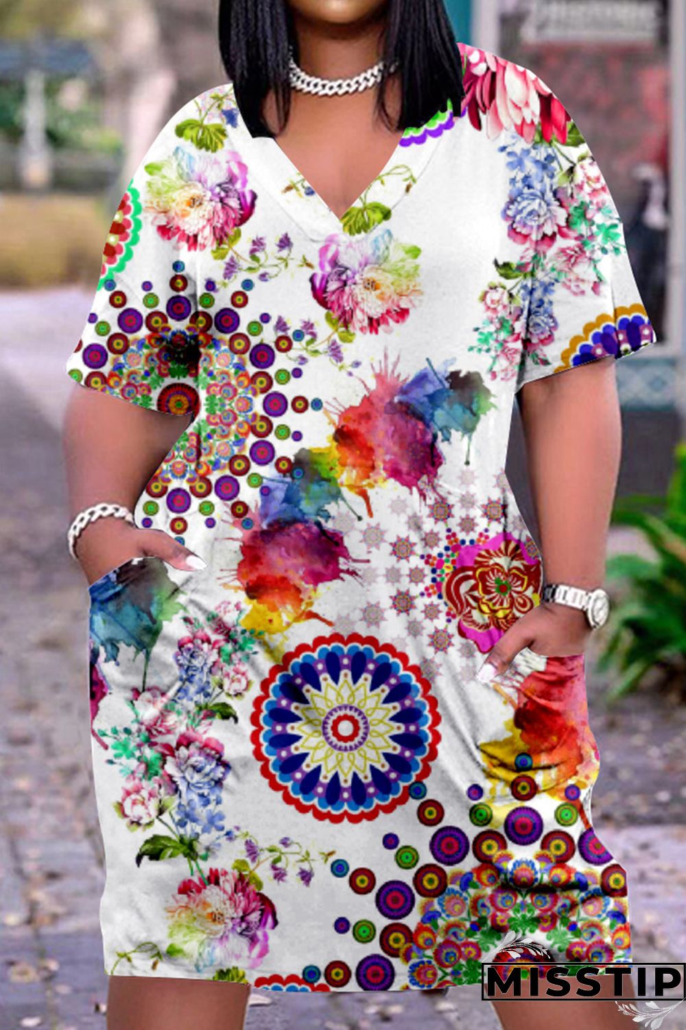 Khaki Fashion Casual Print Basic V Neck Short Sleeve Dress