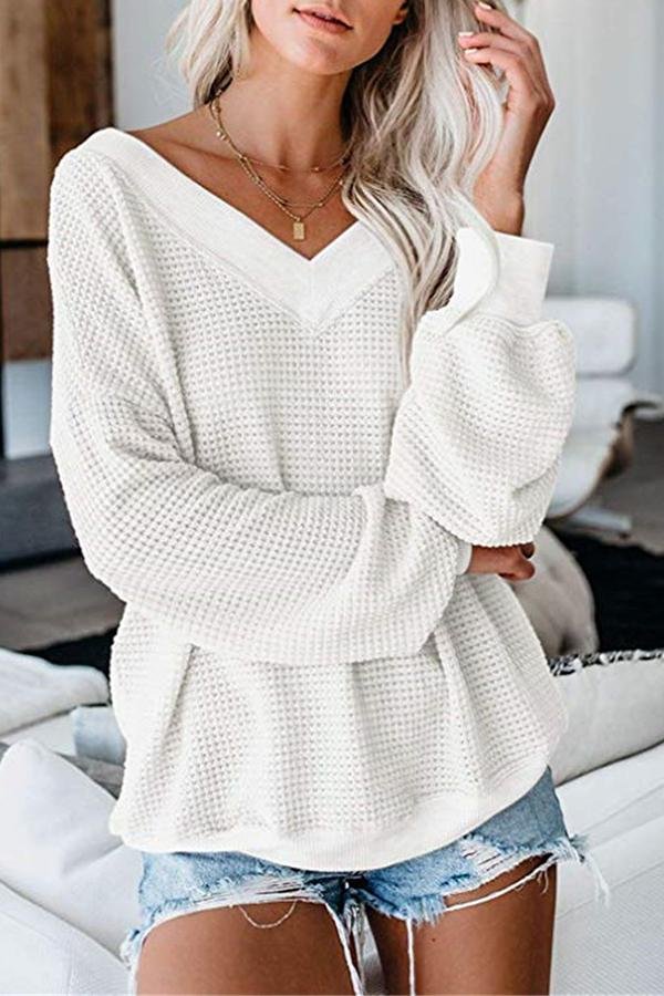 Lantern Sleeve Waffle V Neck Shirt-Allyzone-Allyzone