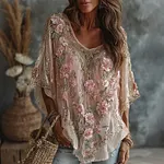 Women's Floral Embroidered Art Flowy Linen Blend Short Sleeve Casual Tops - Image 2