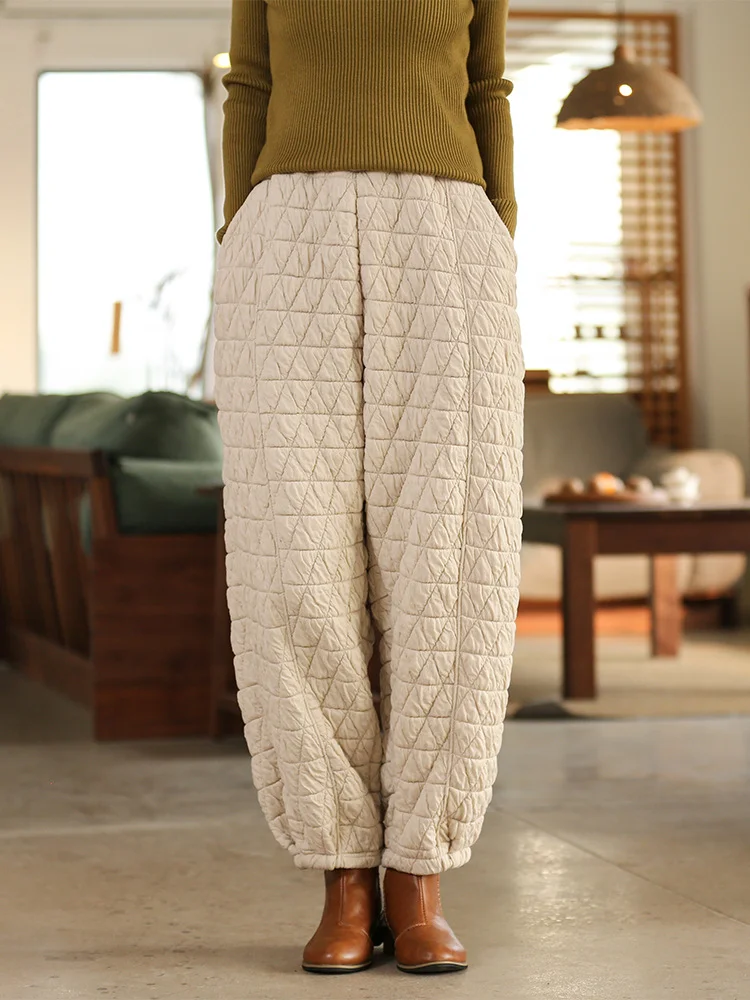 Literary Casual Solid Thickened Lantern Cotton Pants - yankia