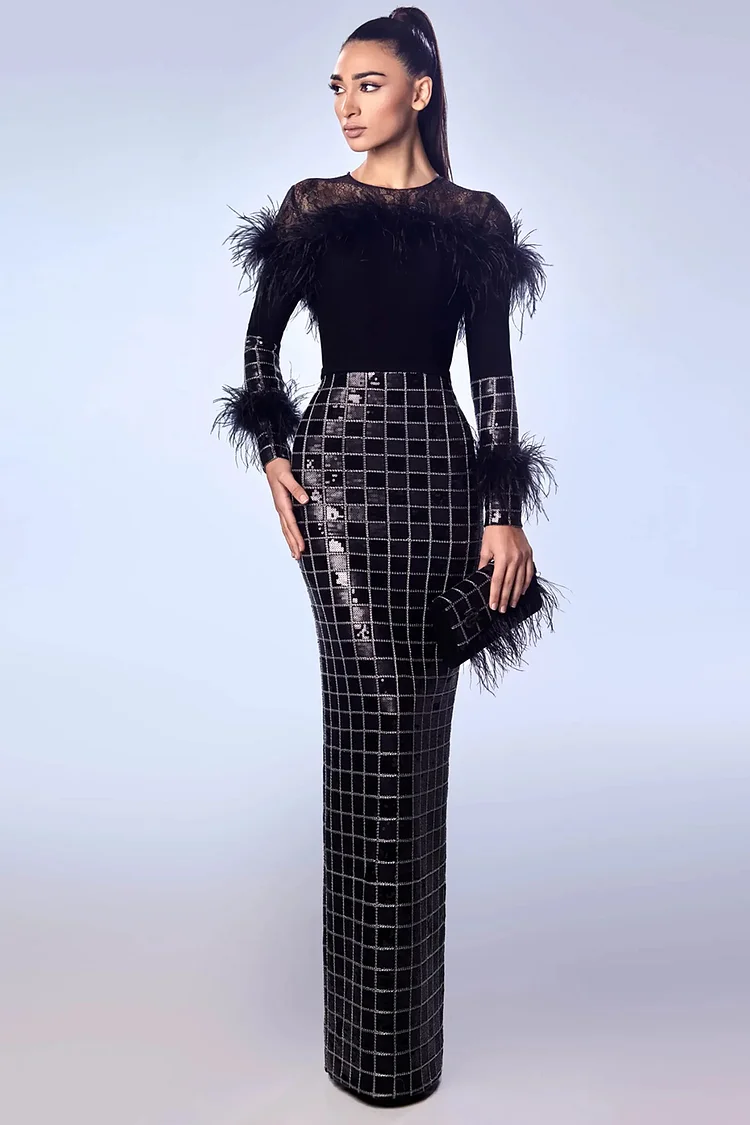 Patchwork Feather Lace Sequin Grid Maxi Dress-Black 