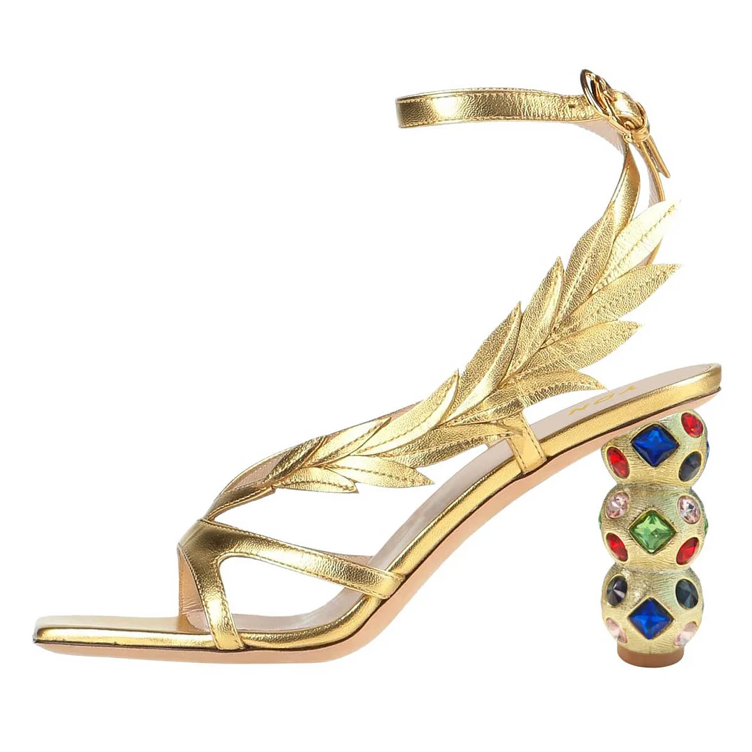 Metallic Sculptural Heel Leaf Style Gold Sandals with Rhinestone