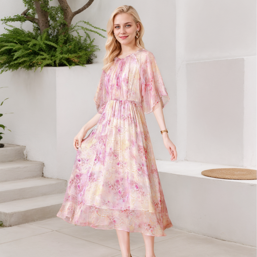 Silk Floral Print Dress High Waist For Wedding Guest REAL SILK LIFE