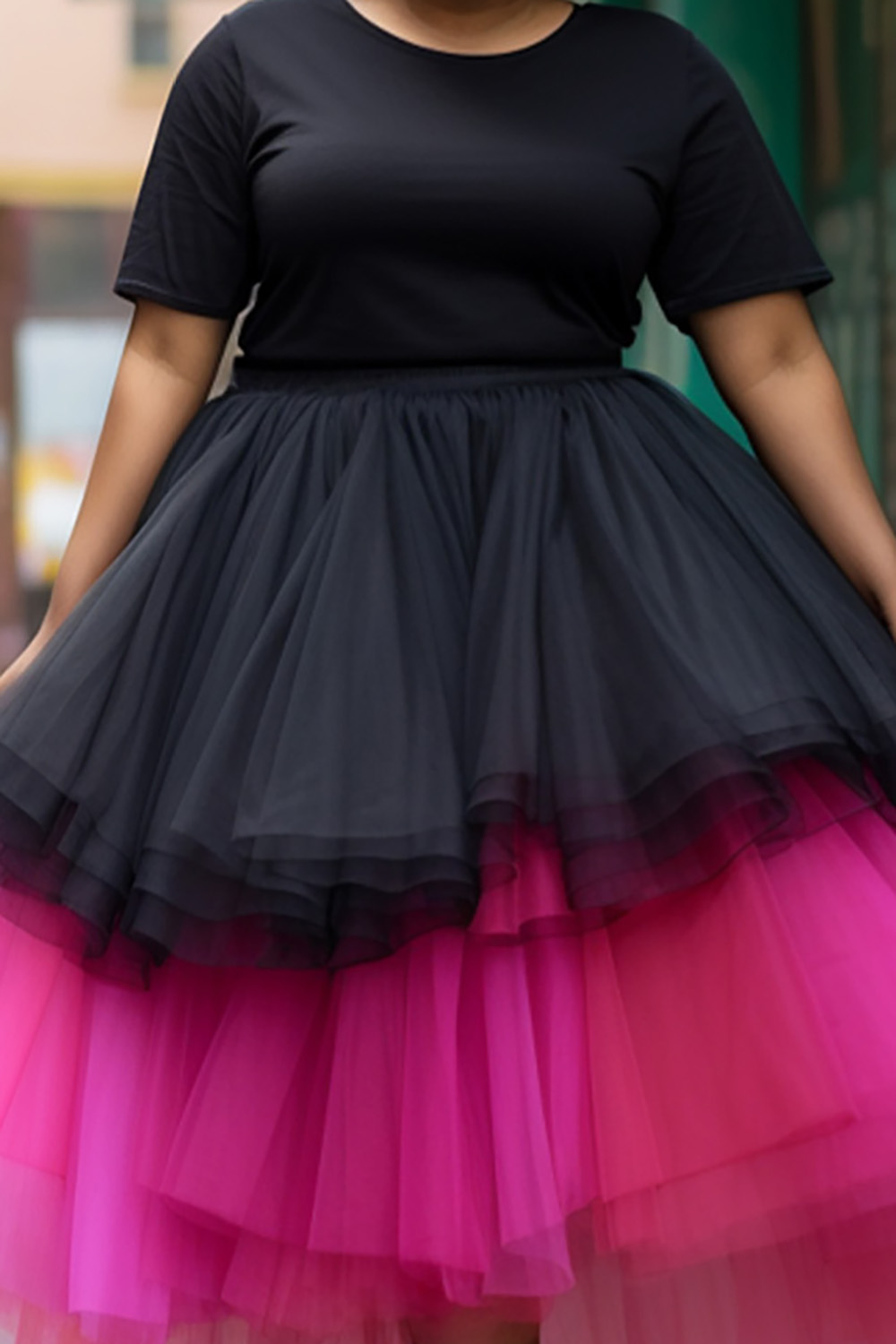 Design Plus Size Cocktail Party Elegant Black Colorblock Round Neck Short Sleeve Contrast Ruffle Tulle Midi Dresses [Pre-Order]