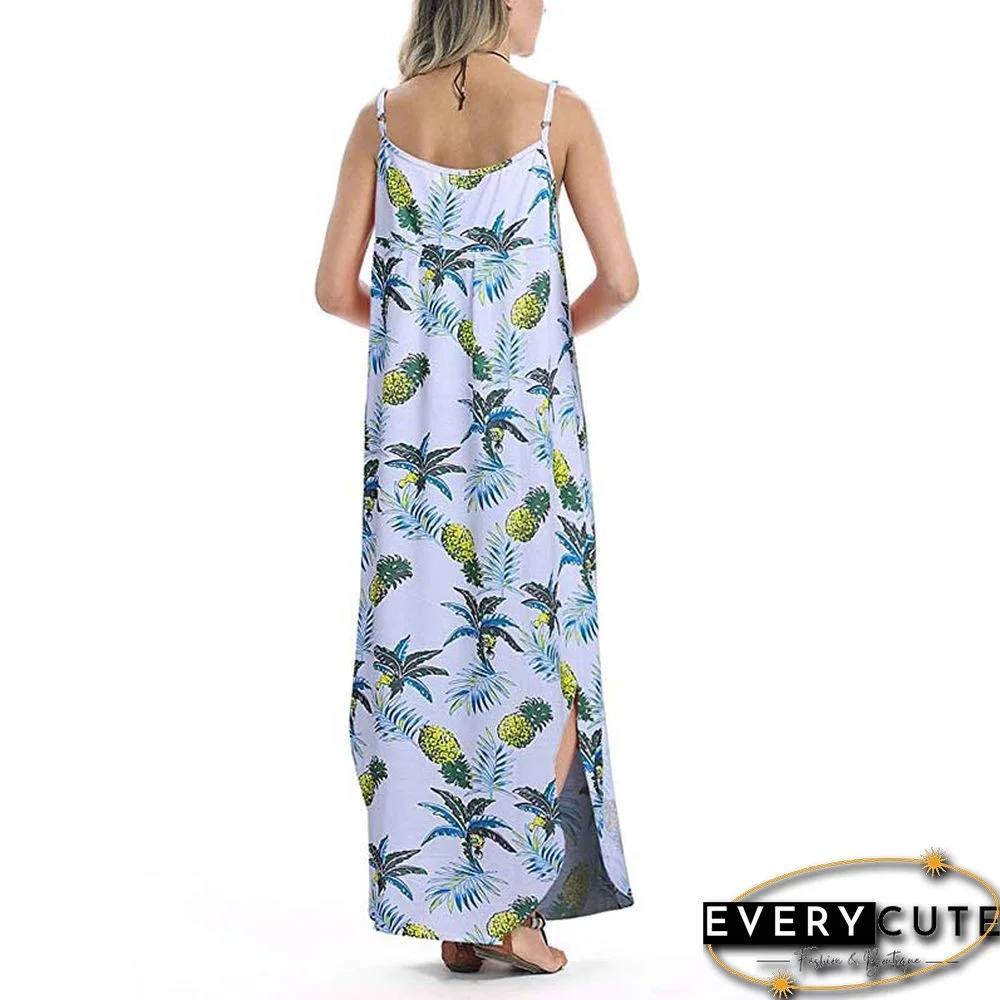 Light Green Pineapple Print Sleeveless Maxi Dress with Pockets