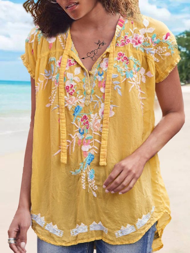 Short Sleeve Casual Cotton-Blend Embroidery Shirts & Tops
