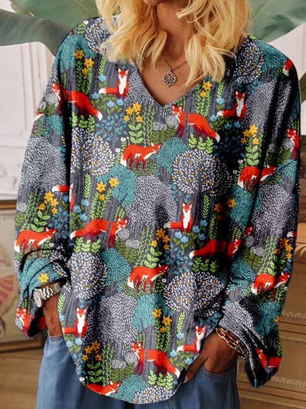 Fox in the Forest Graphic V Neck Comfy T Shirt