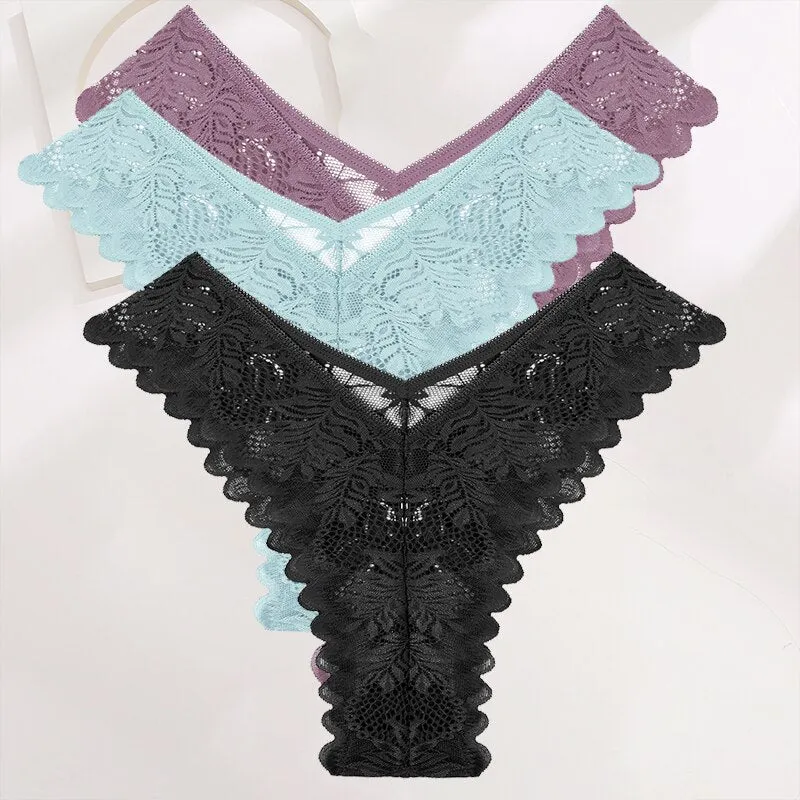 FINETOO 3PCS/Set Lace Gstring Panties Women Sexy M-XL Girls Thongs Perspective Temptation New Pantys Underwear Female Intimates