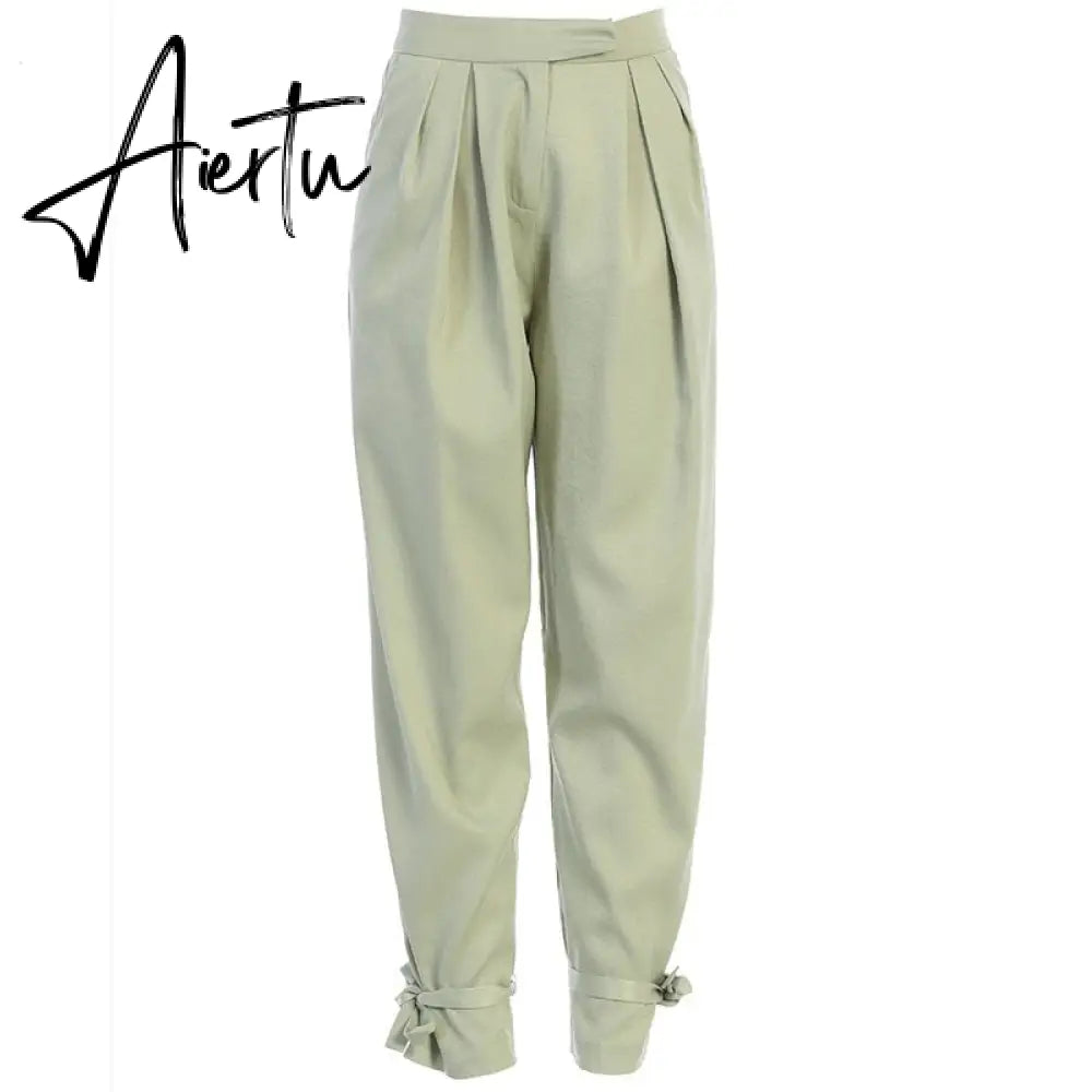 Aiertu  Satin Lace Up High Waist Harem Pants Zipper Women Autumn Pleated Loose Pockets Long Trousers Casual Office Ladies Pant Aiertu